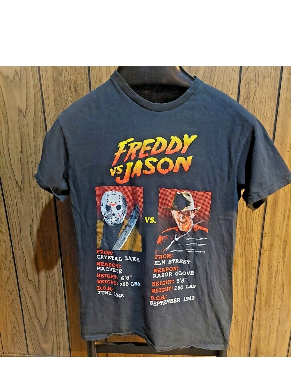 Freddy vs Jason Graphic Tee Video Game Style With Stats Small Black